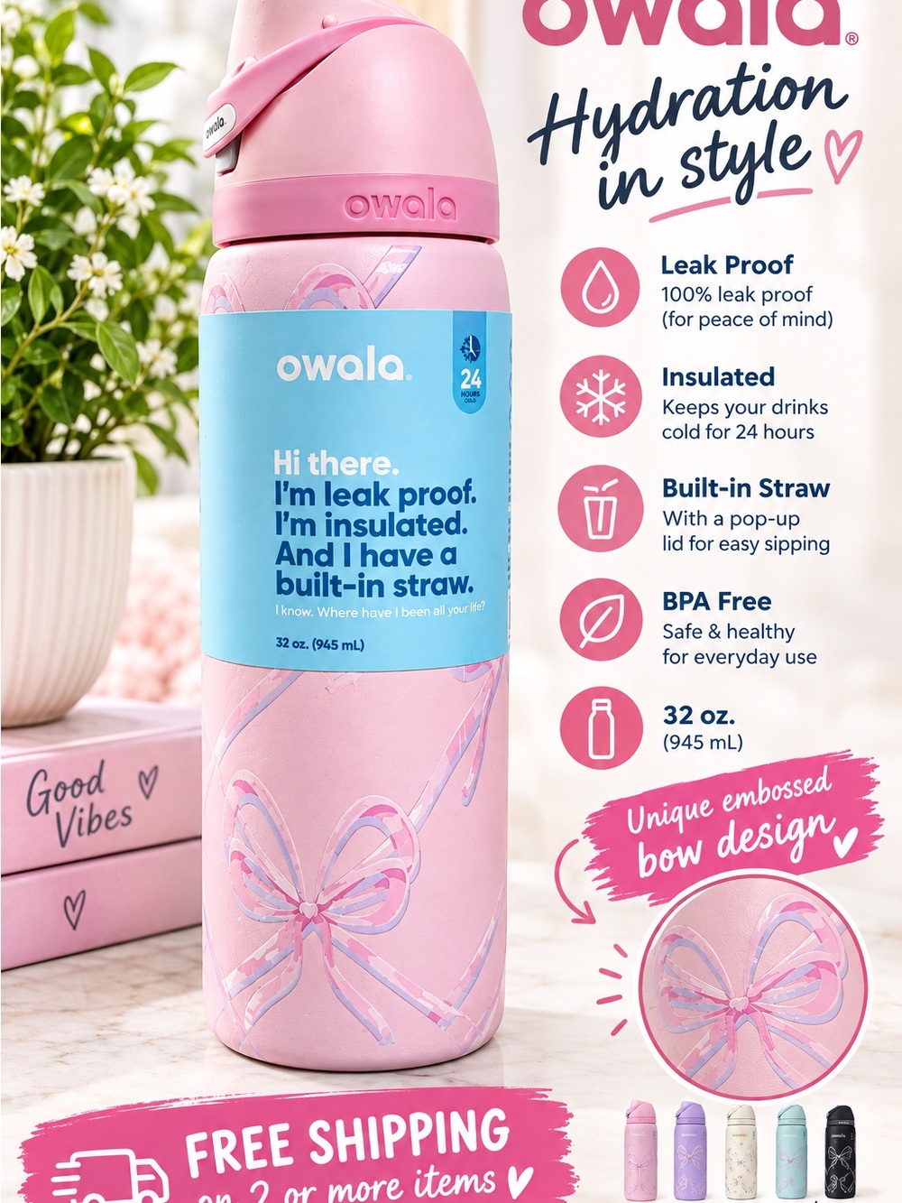 Owala Pink Insulated 32 oz Water Bottle with Built-In Straw